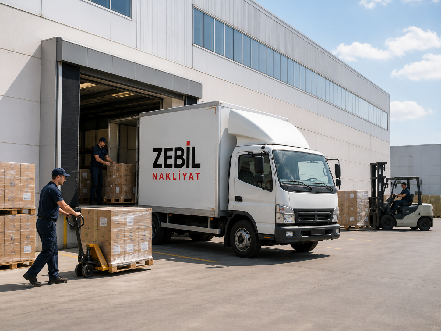 Zebil Nakliyat ekibi depo önünde kamyona yükleme yapıyor